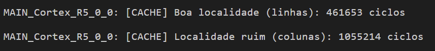 Resultados do experimento row-major vs column-major no Code Composer Studio