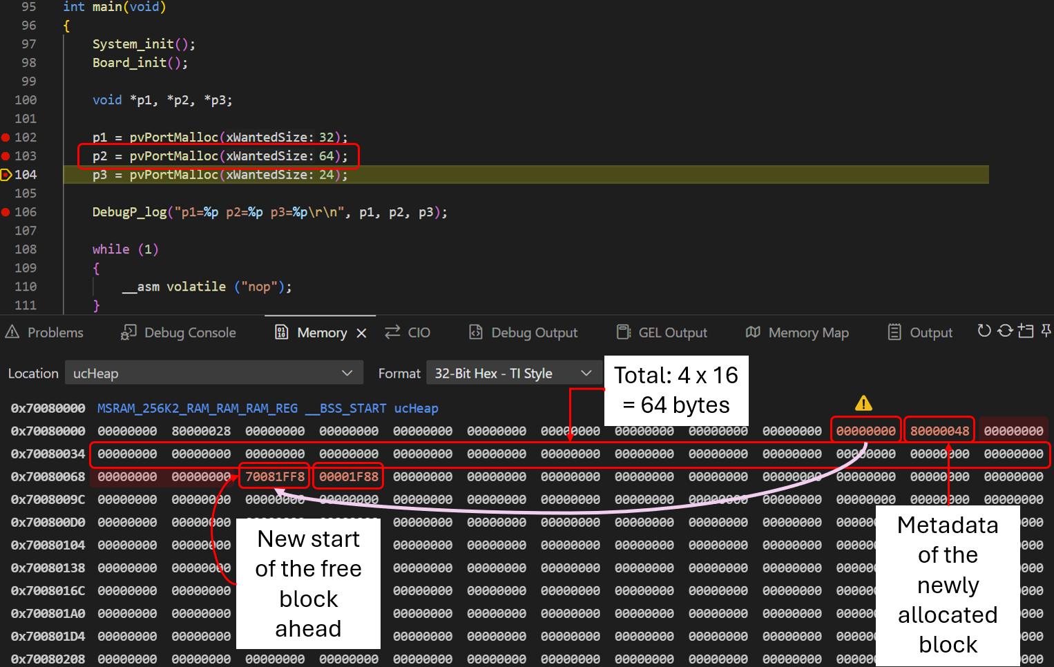Didactic example of internal and external fragmentation in a heap