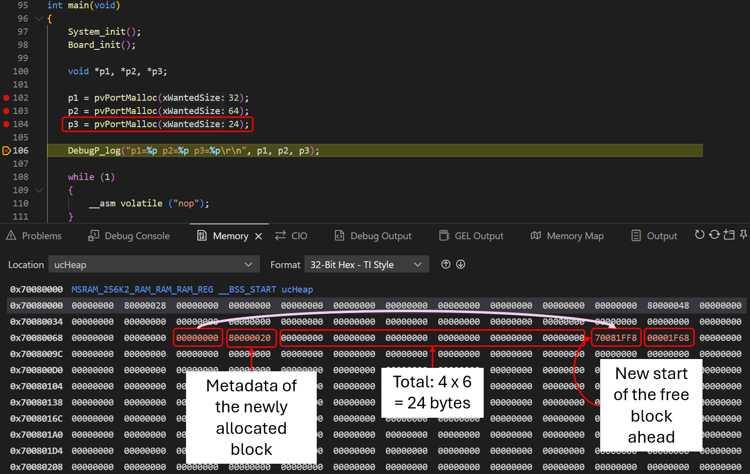 Didactic example of internal and external fragmentation in a heap