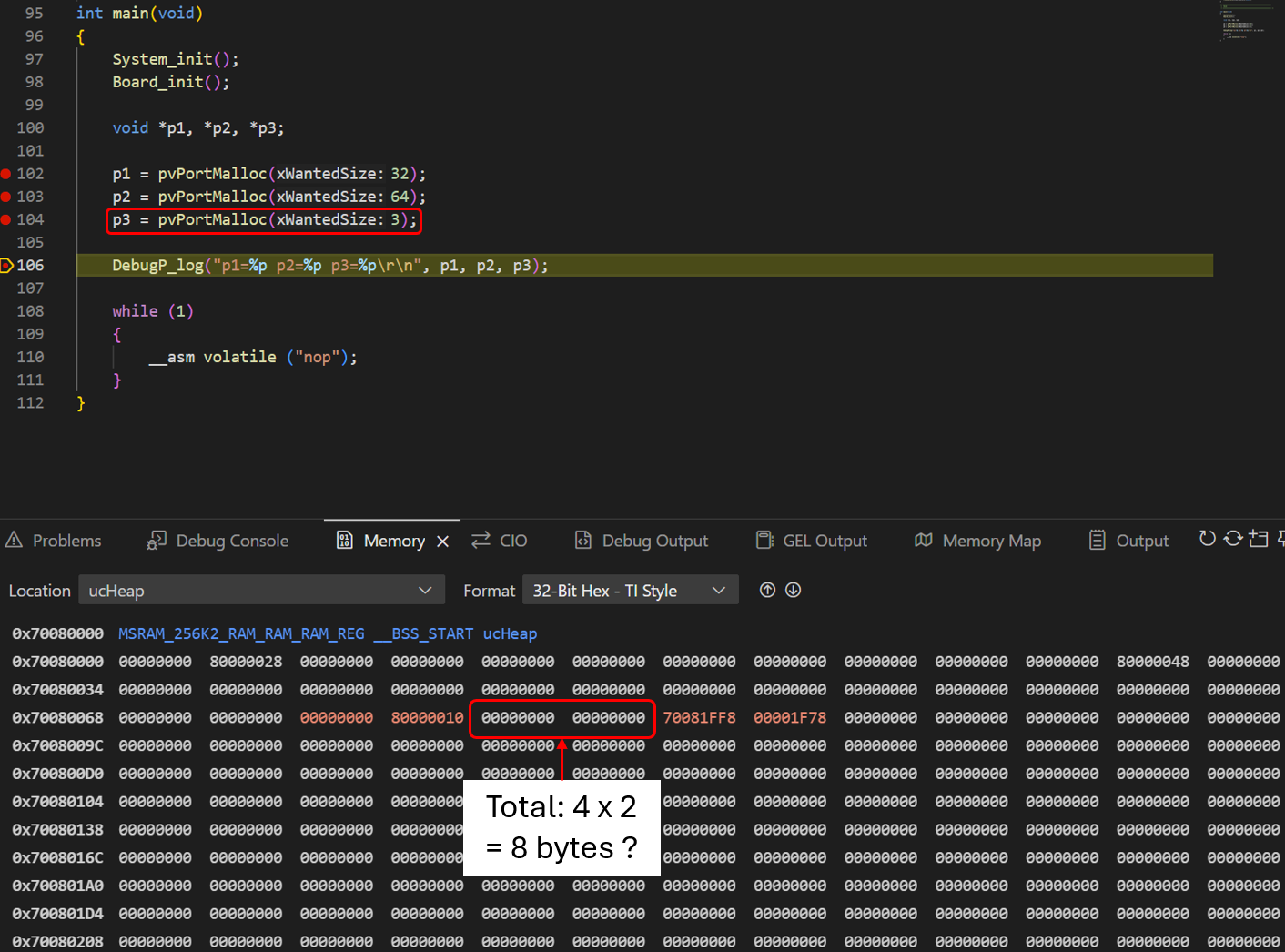 Didactic example of internal and external fragmentation in a heap
