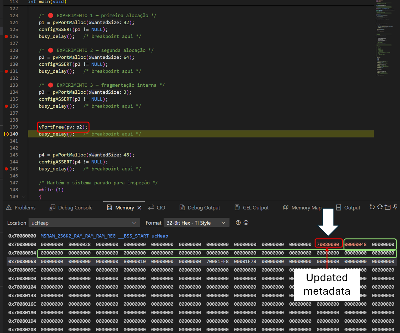 Didactic example of internal and external fragmentation in a heap