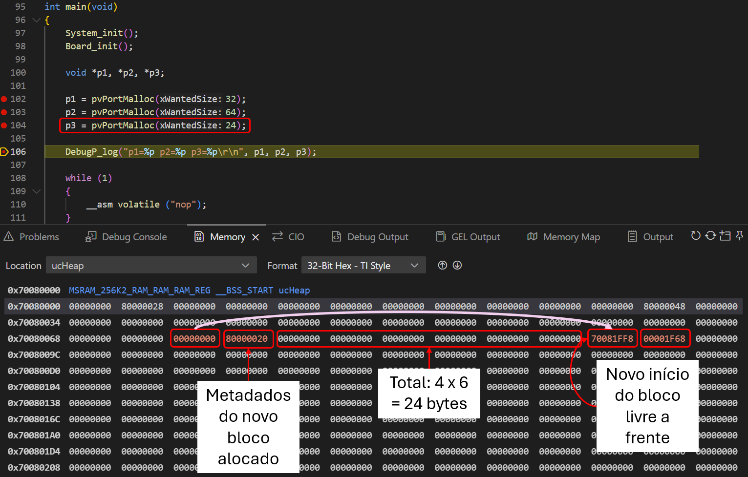 Exemplo didático de fragmentação interna e externa em um heap